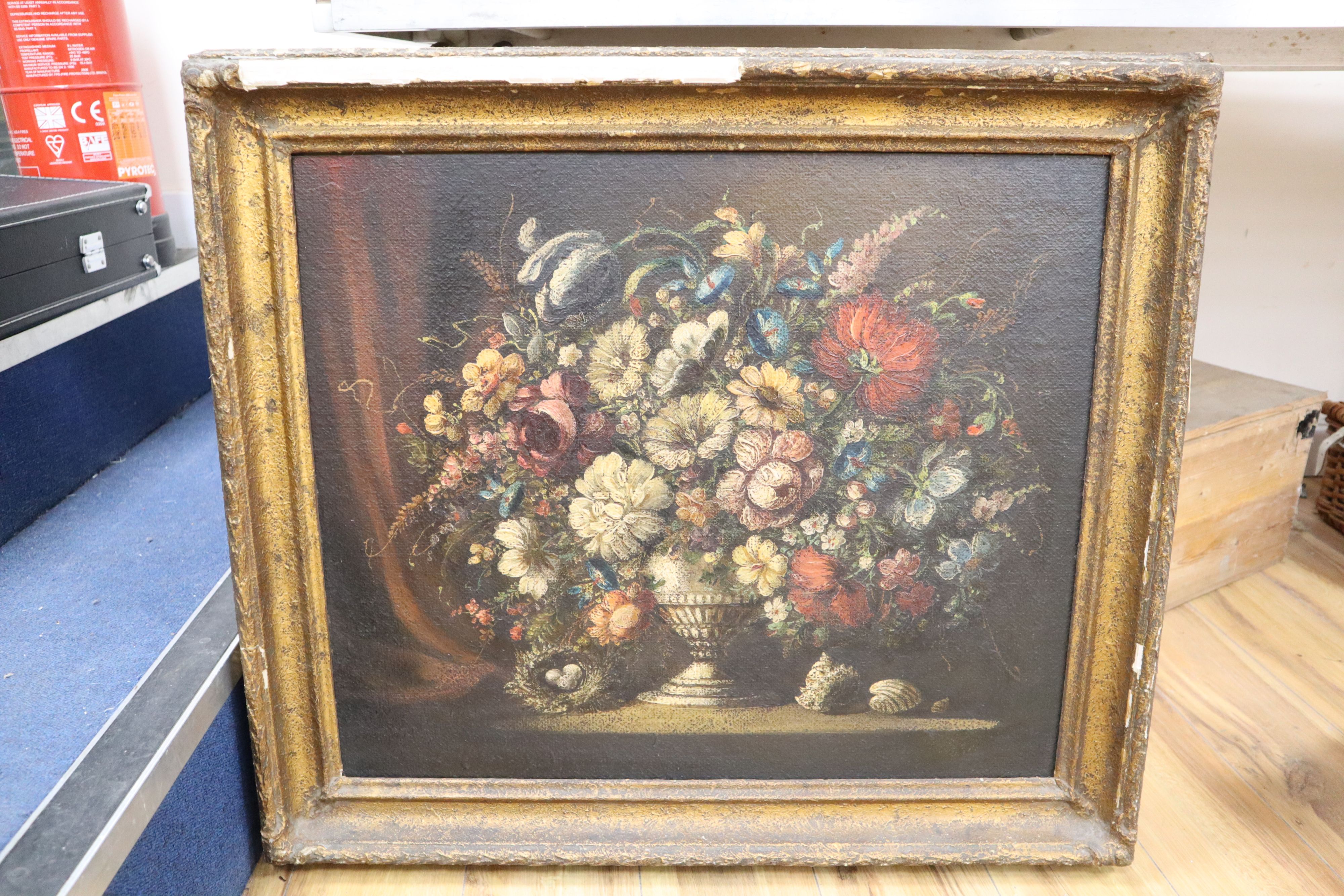 17th century Dutch style, oil on board, Still life of flowers in a vase, 55 x 65cm